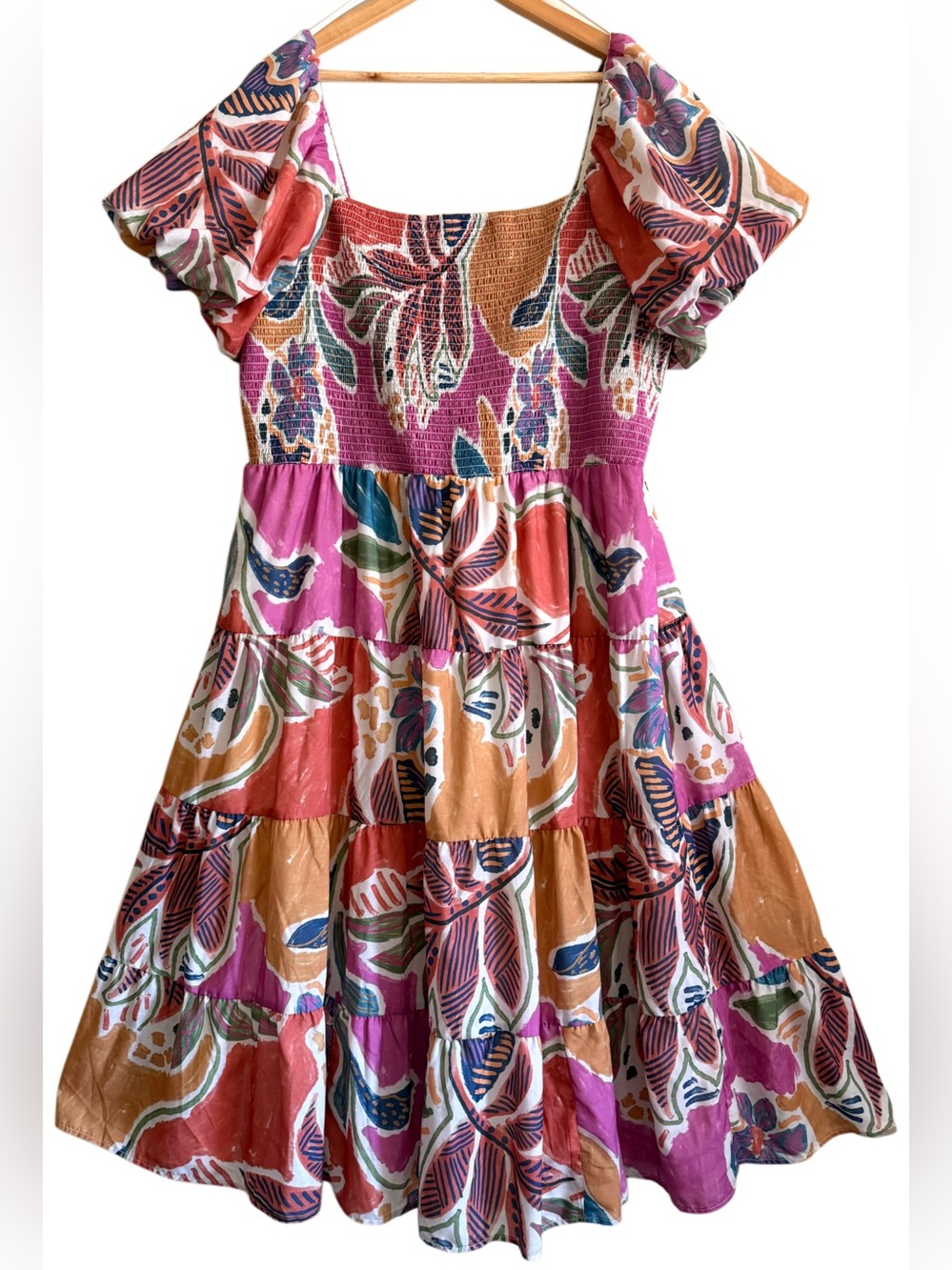 CRYSTAL SKY Colorful Floral Feminine Peasant Smocked Tiered Midi Dress Size 3X